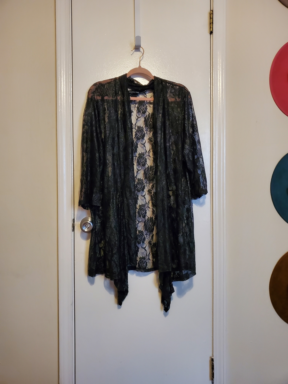 Double Take Rose Lace Overlay Open-Front Women's Kimono - Black